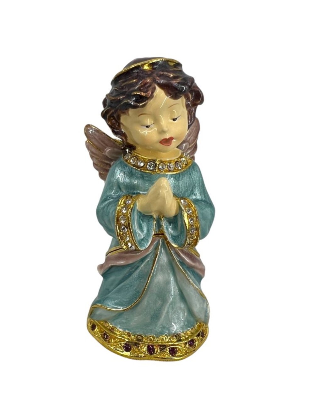 Angel Praying Trinket Box Blue Enamel Clear Lavender Purple Jeweled